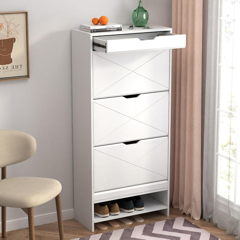 Slim White Shoe Cabinet with 3 Flip Drawers & X-Design for Entryway (21 P...