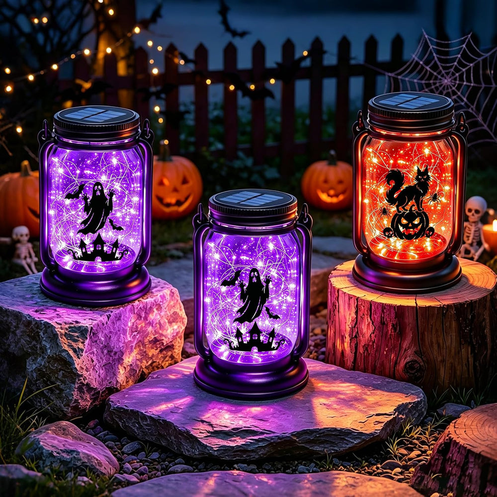 Halloween Solar Lanterns-Ghost &Cat Pumpkin Decor Hanging Mason Jar Lights
