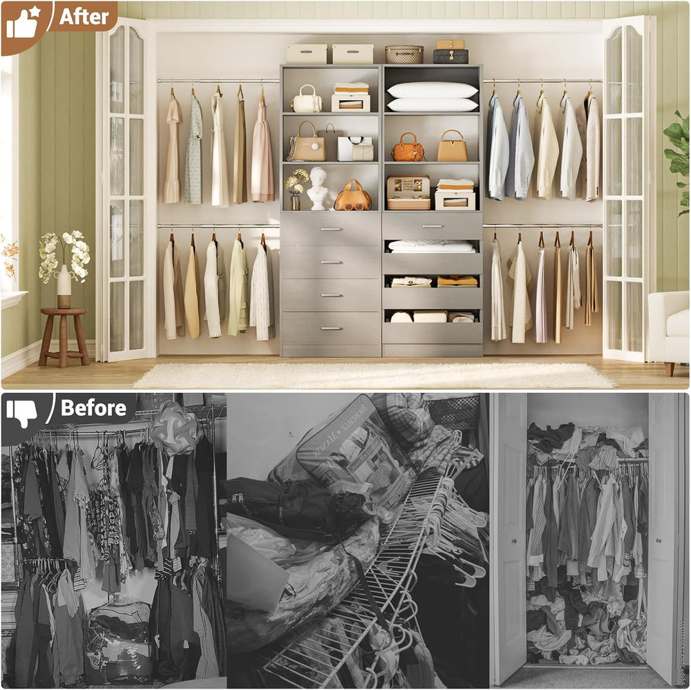 Aheaplus Closet System, 6-15Ft Closet Organizer with 8 Wooden Drawers