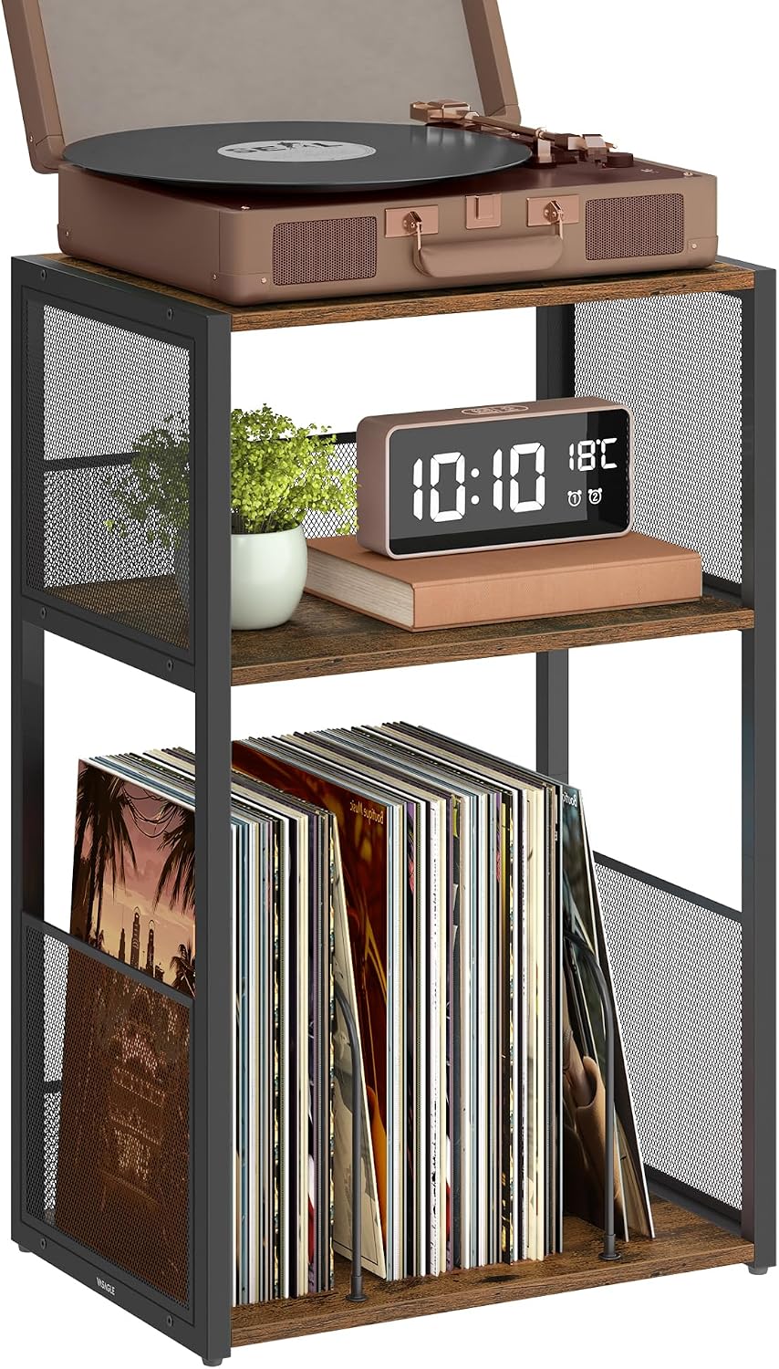 VASAGLE 3-Tier Record Player Stand, Vinyl Record Storage up to 100 Albums