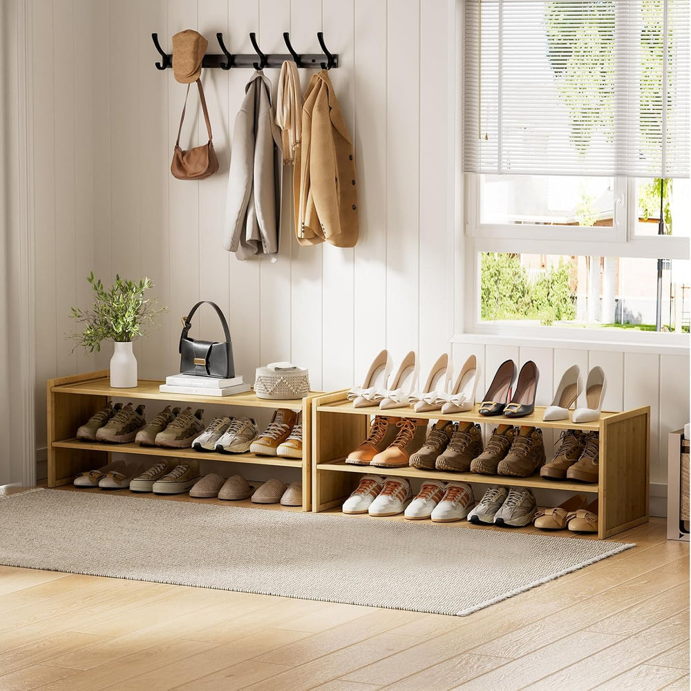 Bamboo Shoe Rack for Closet, Wood Shoe Organizer Shelf for Entryway, 2 Tiers,...