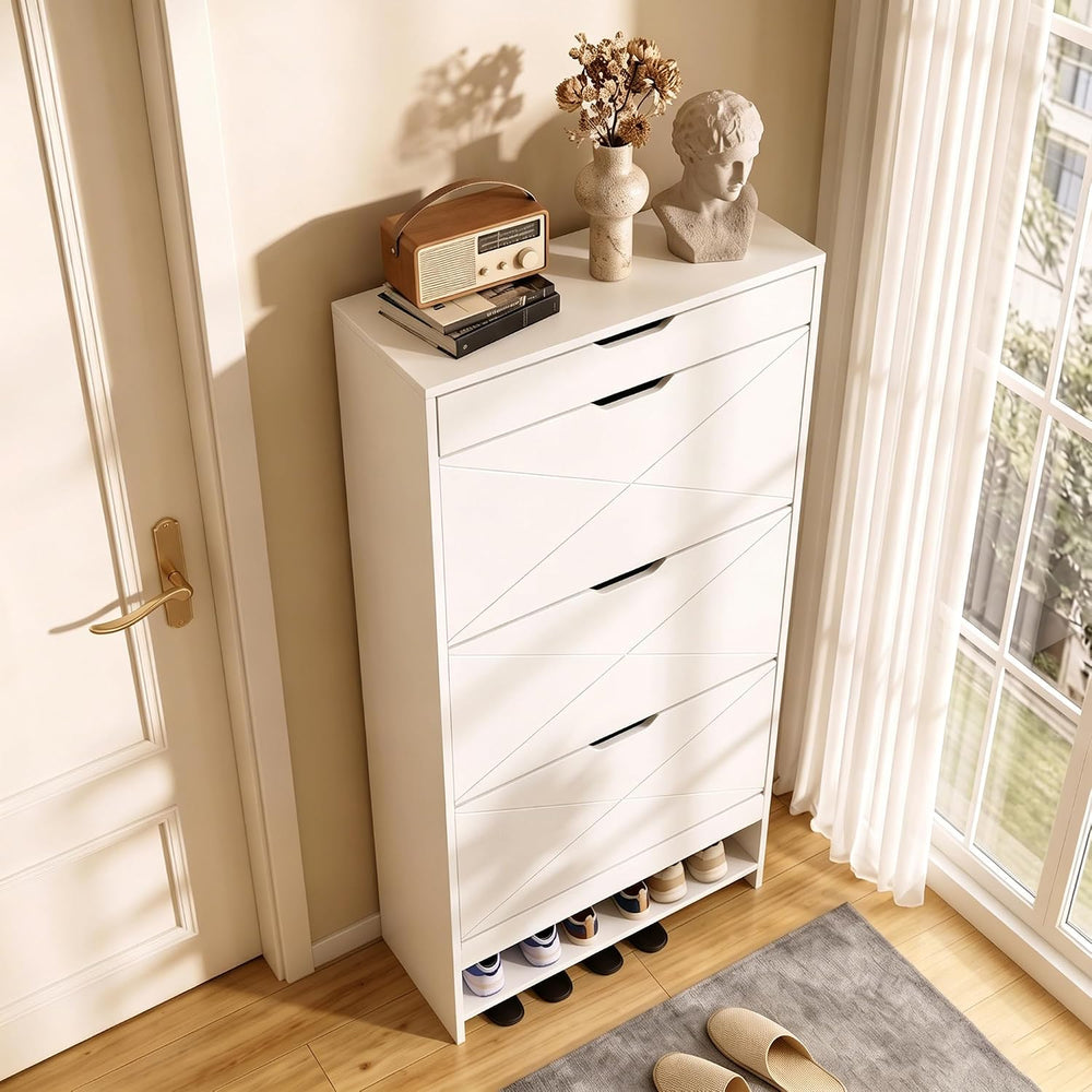 Slim White Shoe Cabinet with 3 Flip Drawers & X-Design for Entryway (21 P...
