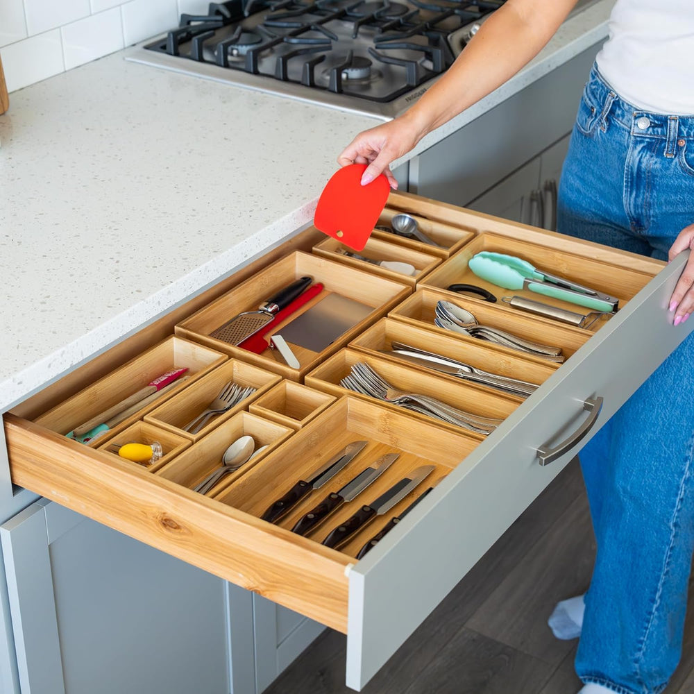 Grow Forward Bamboo Drawer Organizer Boxes - Set of 21 Wooden Drawer Organize...