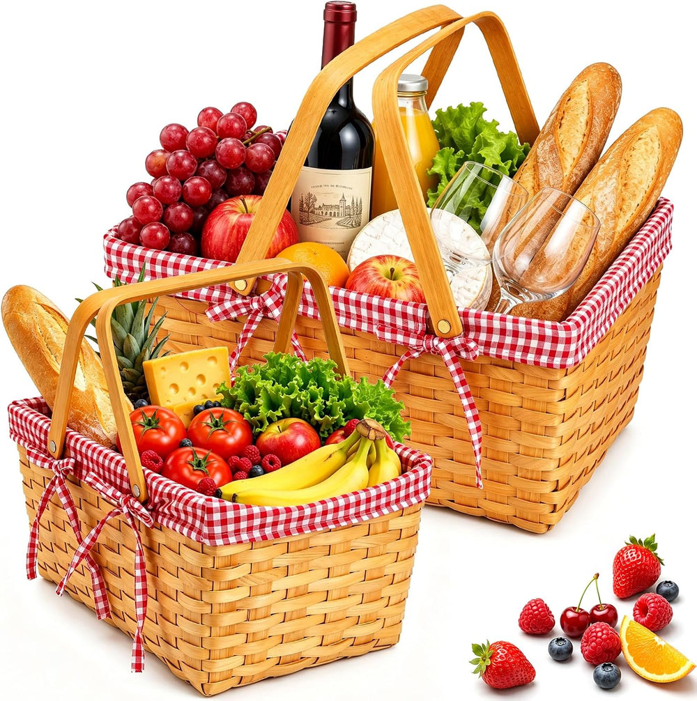 Yesland Picnic Basket, 2 Sizes Natural Woven Woodchip Basket with Double Fold...