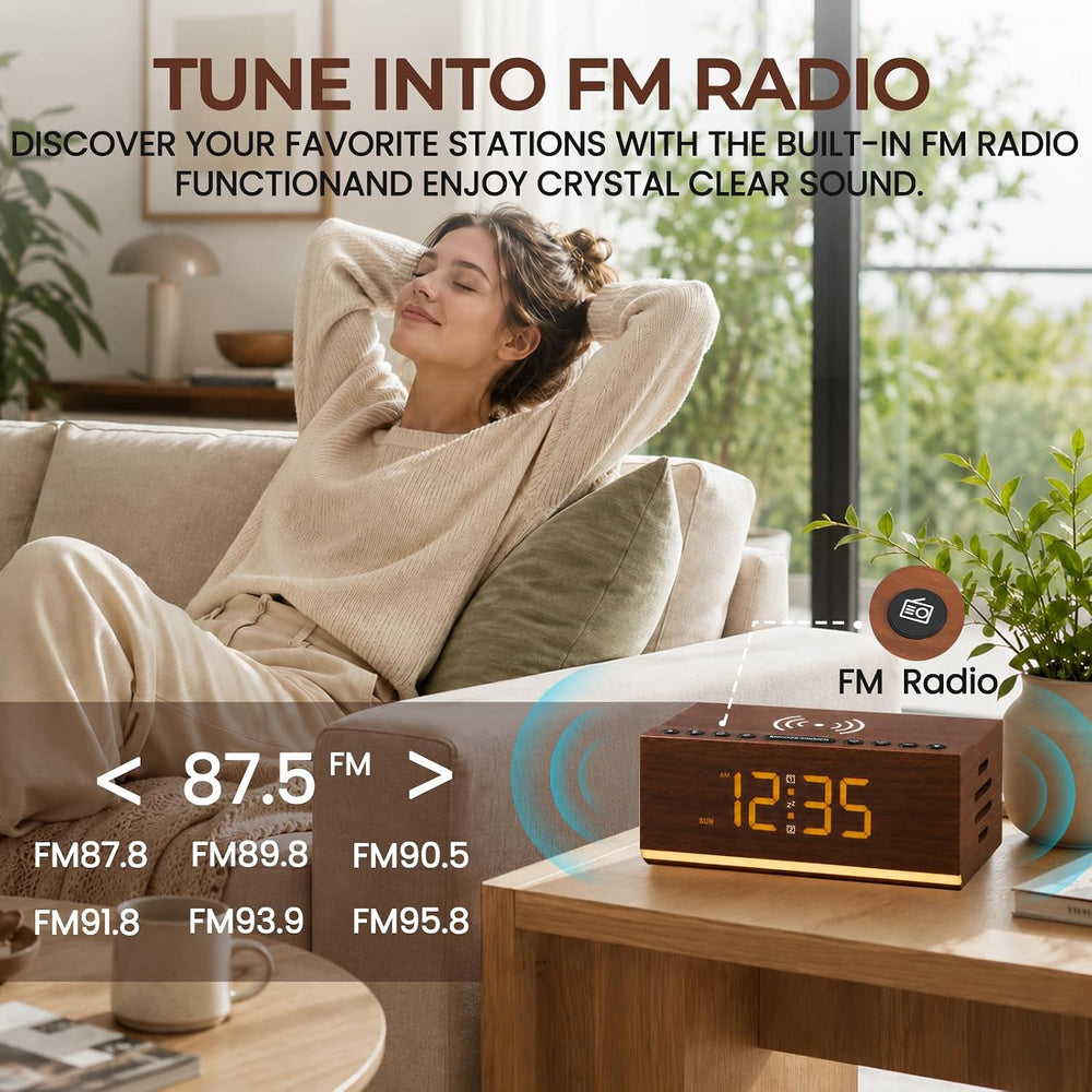 Wooden Digital Alarm Clock with Wireless Charging & Bluetooth Speaker