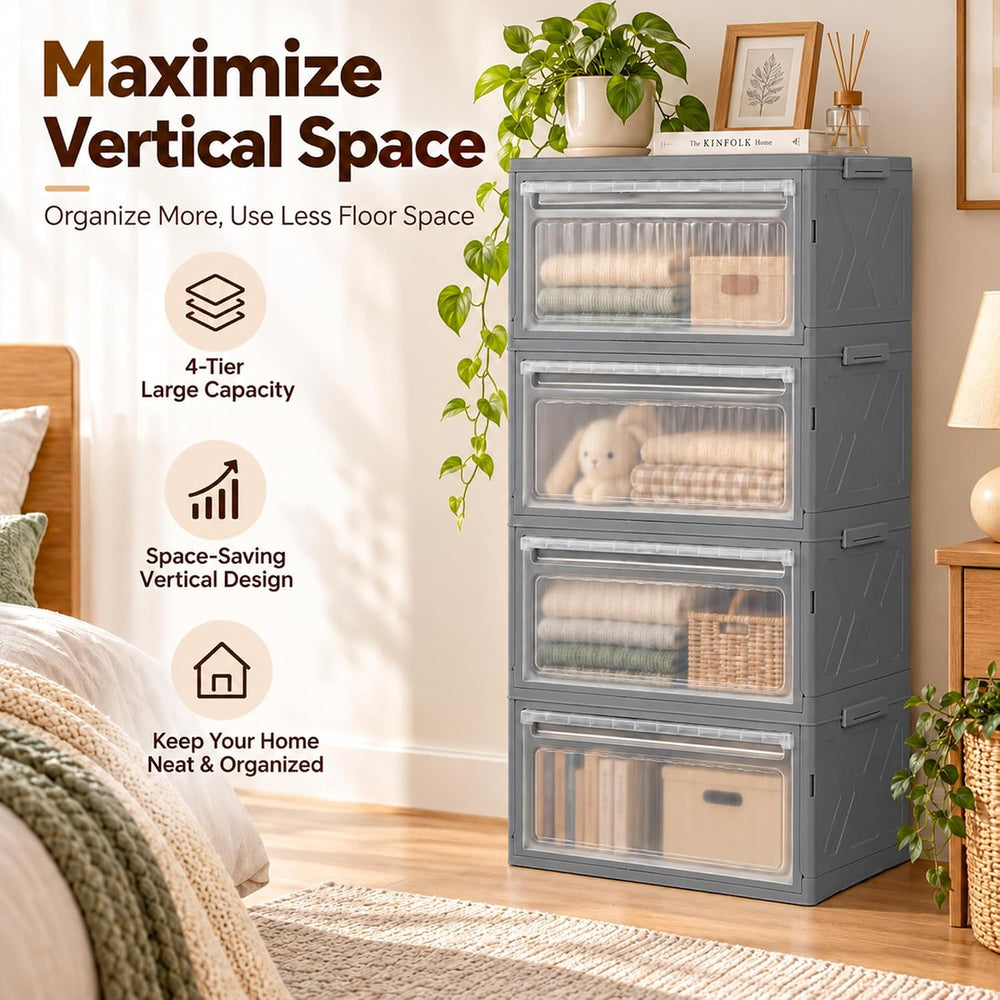 4 Tier Stackable Storage Bins with Lid, 132QT Collapsible Cabinet with Door