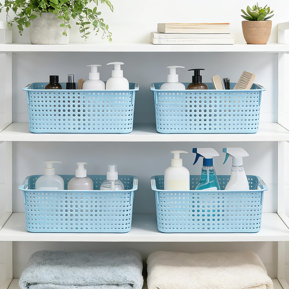 Soddeph 4-Pack Hollow Plastic Storage Baskets with Handles (Blue, Medium)