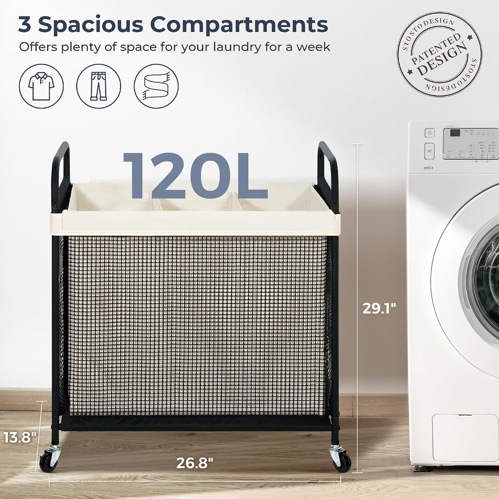 STO STO Laundry Hamper 3 Section, 120L Rolling Laundry Sorter Cart with Remov...