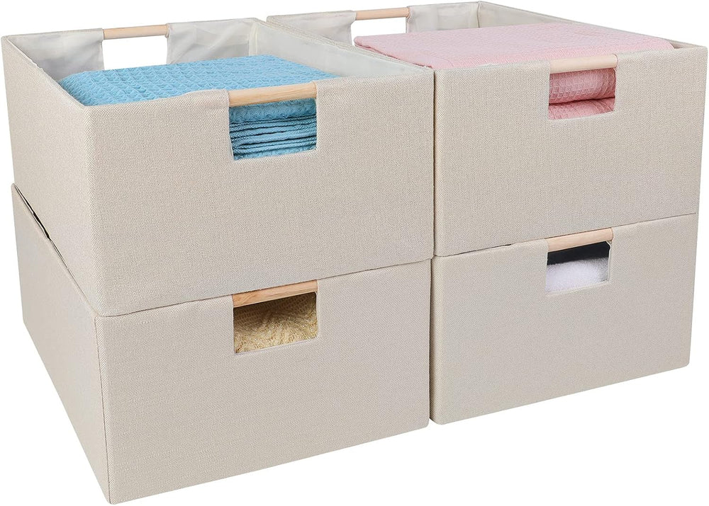 ANMINY 4PCS Fabric Storage Bins Baskets with Wooden Handles, 16.5 x 12 Inch