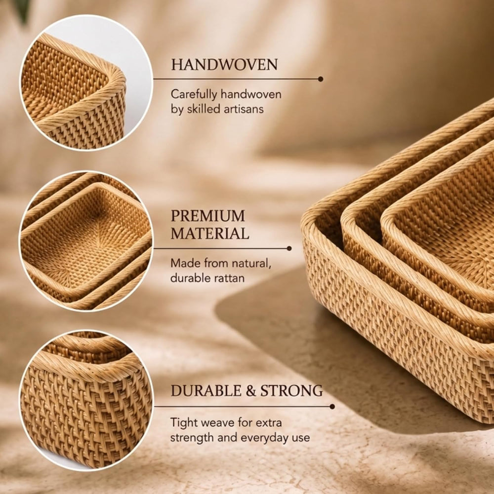 Yangqihome Natural Rattan Storage Baskets, Rectangular Woven Fruit Baskets, D...