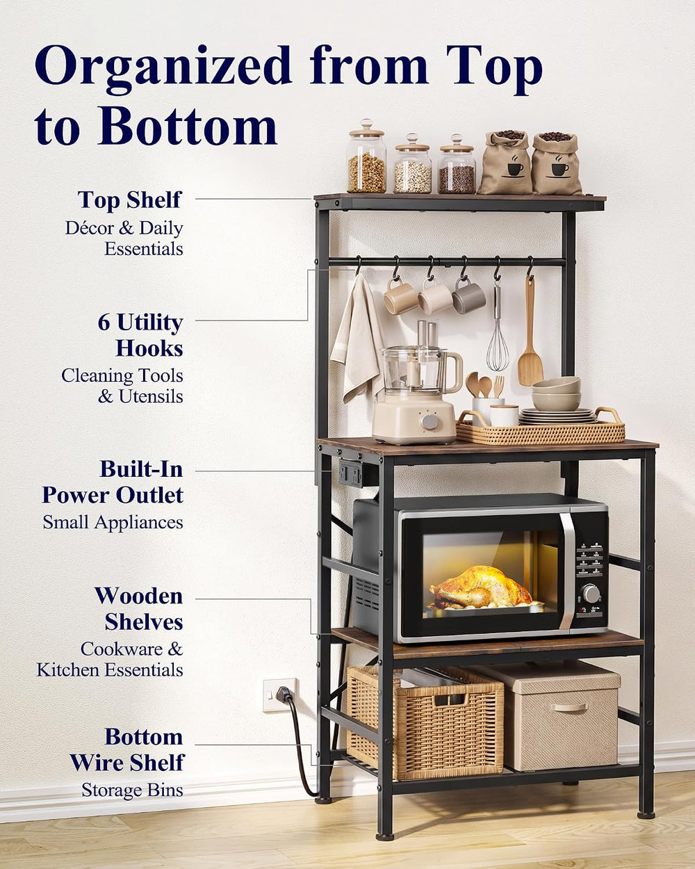 Kitsure Coffee Bar, 4-Tier Baker's Rack with Power Outlet, 21.7" x 4...
