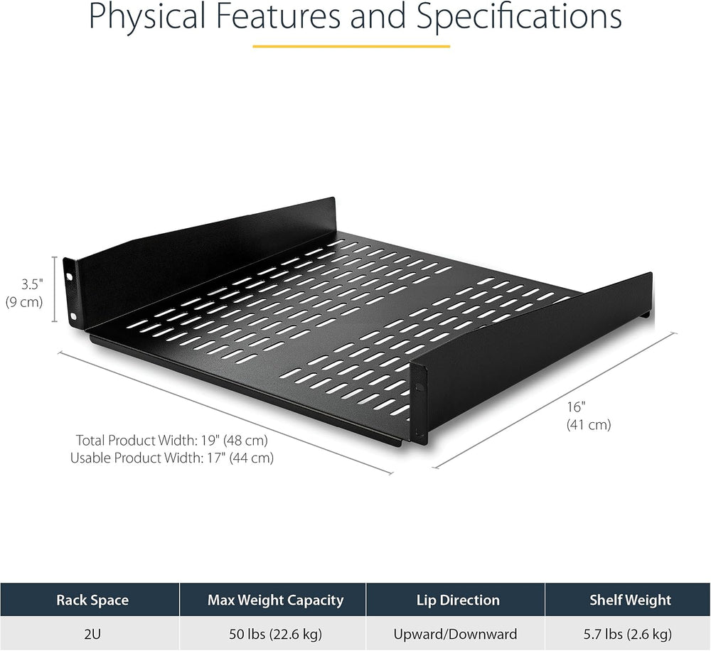 StarTech 2U Vented Cantilever Rack Shelf, 16in Deep, 50lb, TAA (CABSHELFV)
