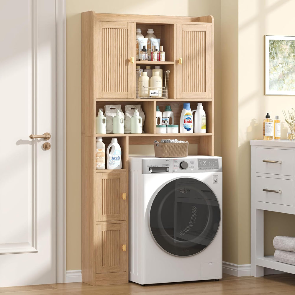 Fluted Over The Toilet Storage Cabinet with 4 Doors, Natural Oak