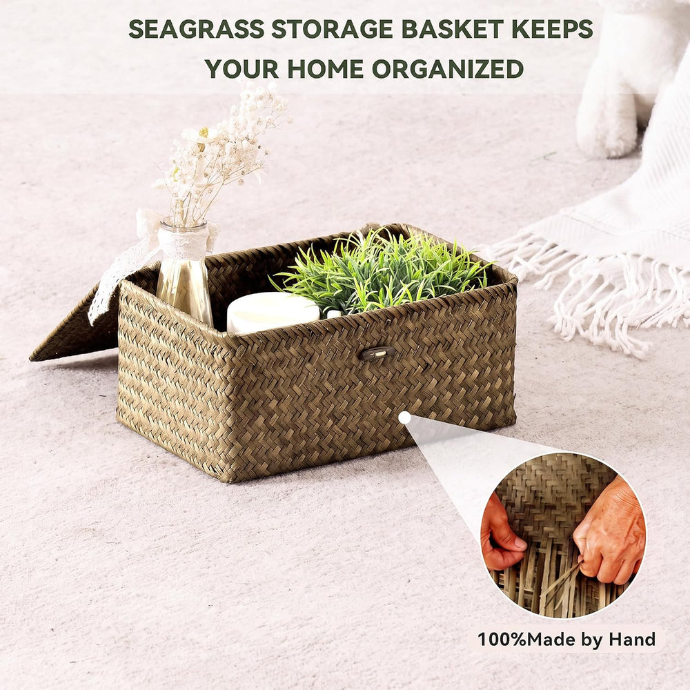 Nonam Wicker Storage Basket with Lid,Seagrass Shelf Basket Set of 3,Coffee