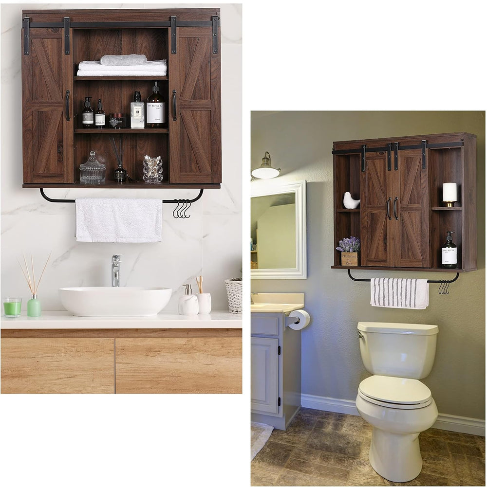 RUSTOWN Farmhouse Bathroom Wall Cabinet with Sliding Barn Door & Towel Rack