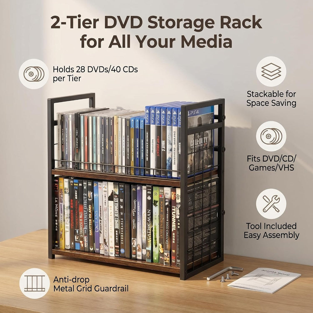 2-Tier DVD Storage Rack 2 Pack, Holds 112 DVDs (160 CDs), Metal Frame Media H...