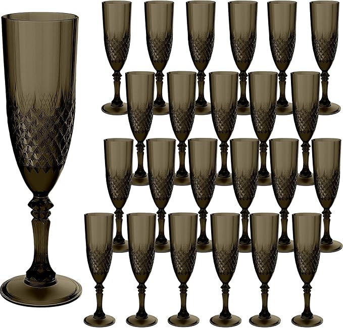 Plastic Champagne Flutes, 24PCS Black Wine Glasses Goblets Cups Reusable Flut...