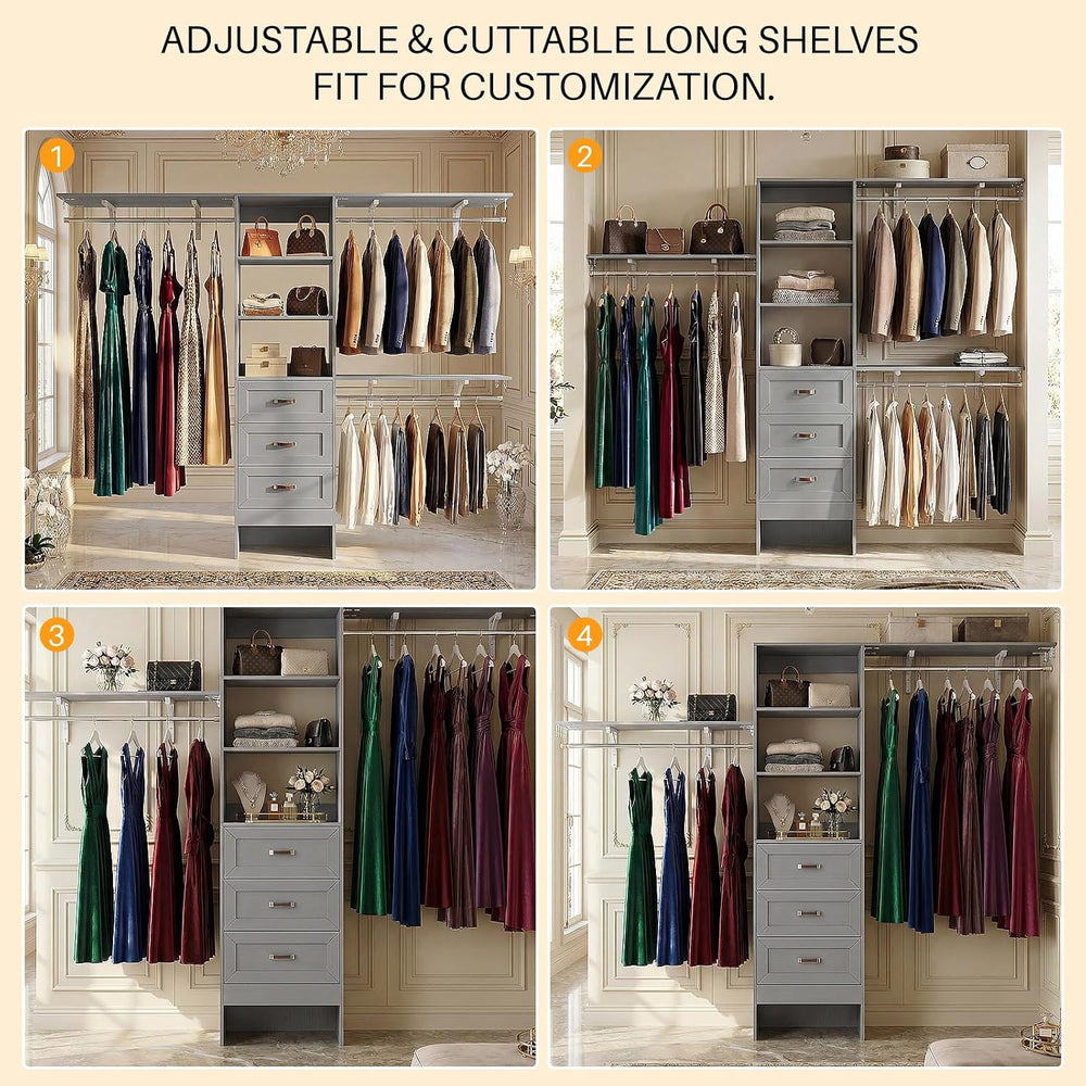 8FT Closet System with 3 Curved Drawers, 96'' Wooden Walk-in Closet O...