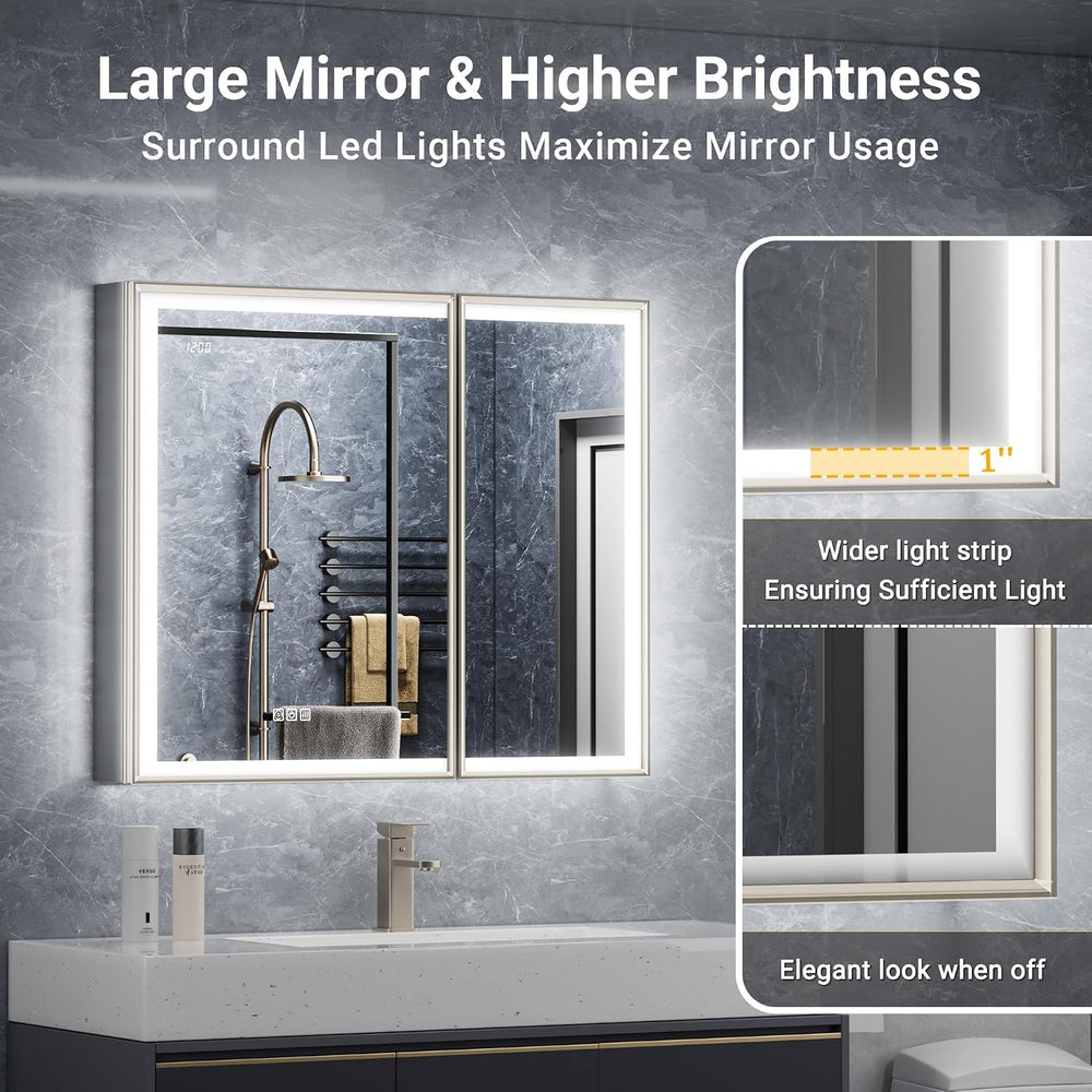 30x32 Lights Medicine Mirror Cabinet, Beveled Brushed Nickel Frame