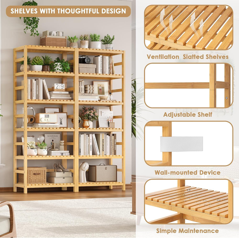 FOTOSOK 6-Tier Bamboo Shelf with Adjustable Shelves, Bamboo Kitchen Cabinet