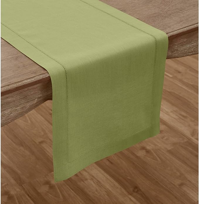 Solino Home Linen Moss Green Hemstitch Table Runner 60 Inches - 100% Pure Lin...