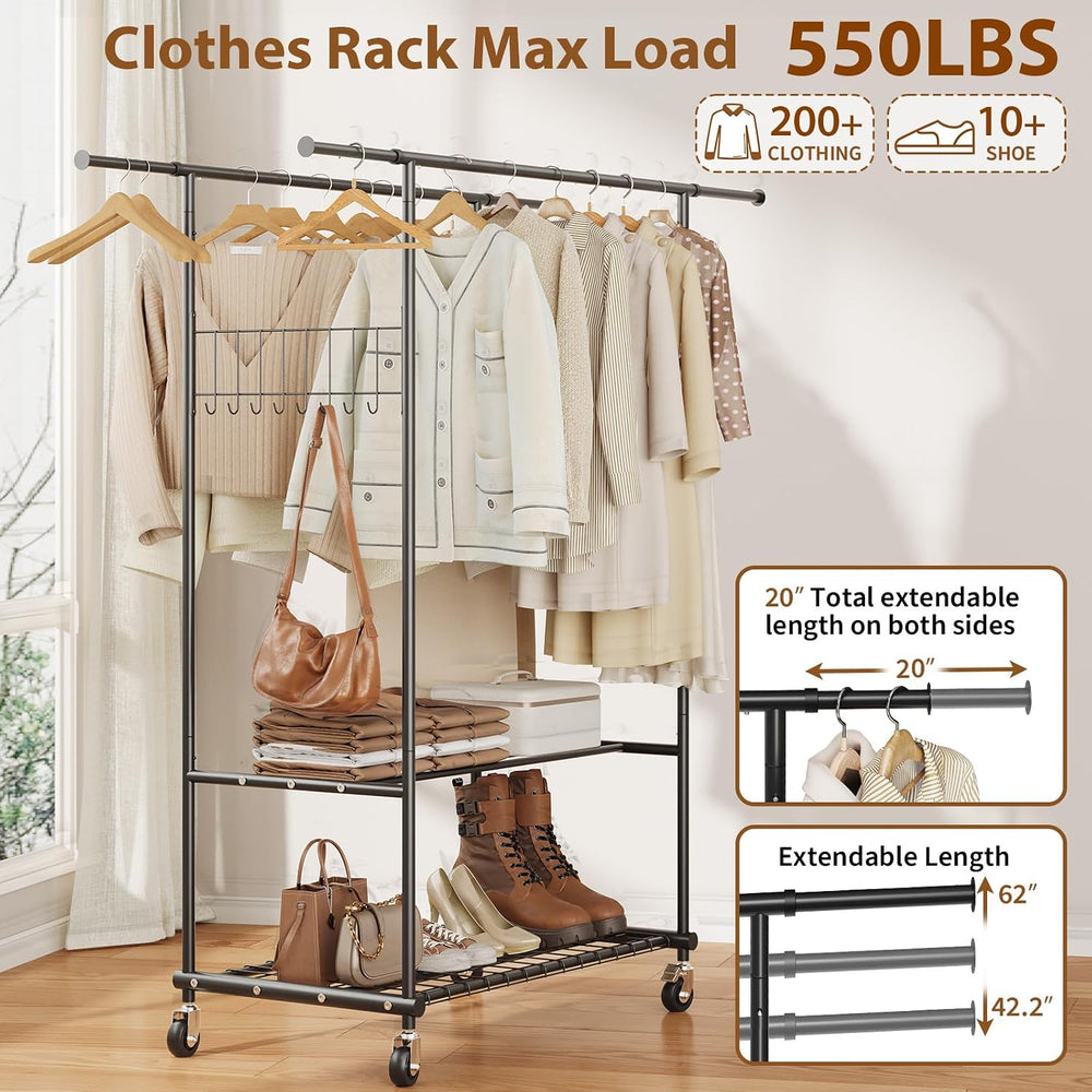 Double Rods Clothes Rack with Wheels, Heavy Duty Rolling Clothing Rack with S...
