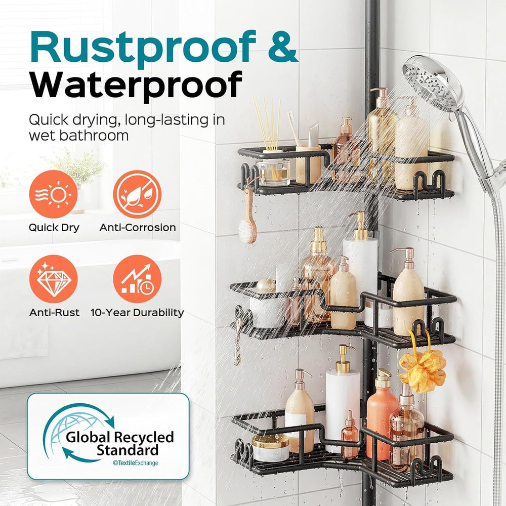HAMITOR Corner Shower Caddy Tension Pole: 4-Tier Adjustable Shelf Black