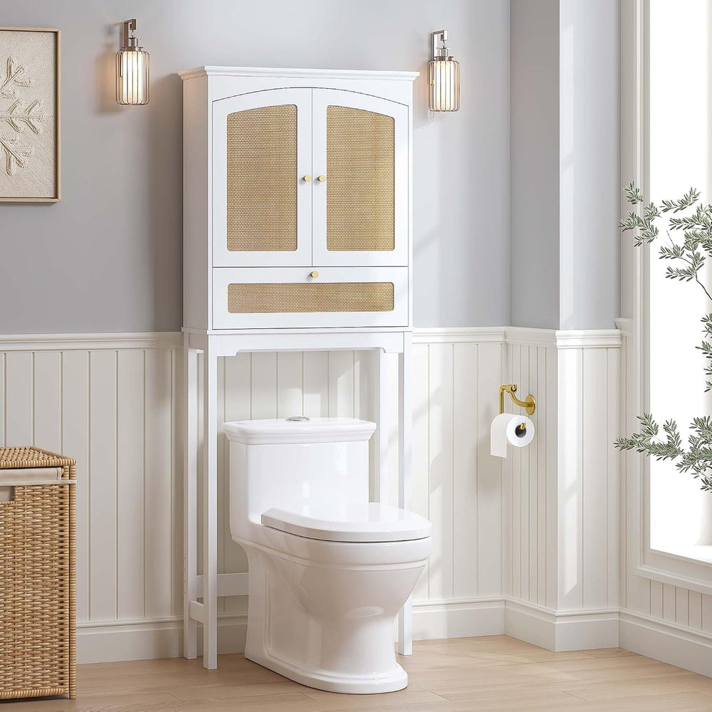 Spirich Over the Toilet Storage Cabinet with Arched Rattan Doors, White