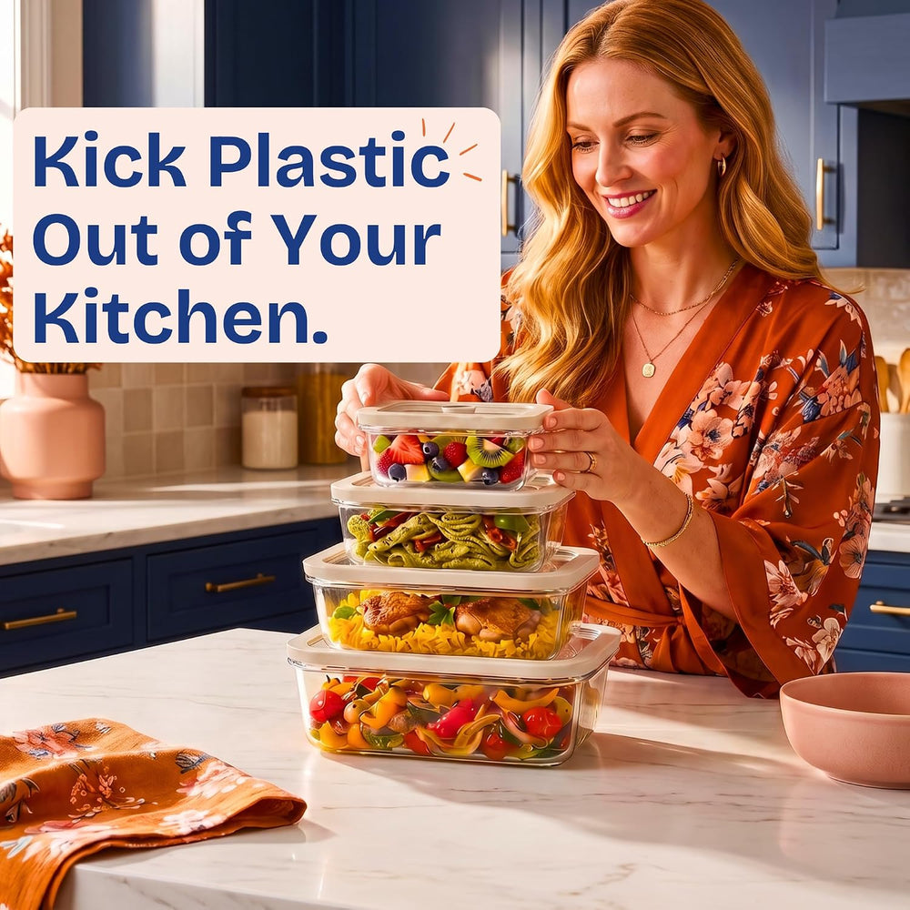 Non-Toxic Glass Food Containers with Lids, 4-Pack, Multi-Size, Beige