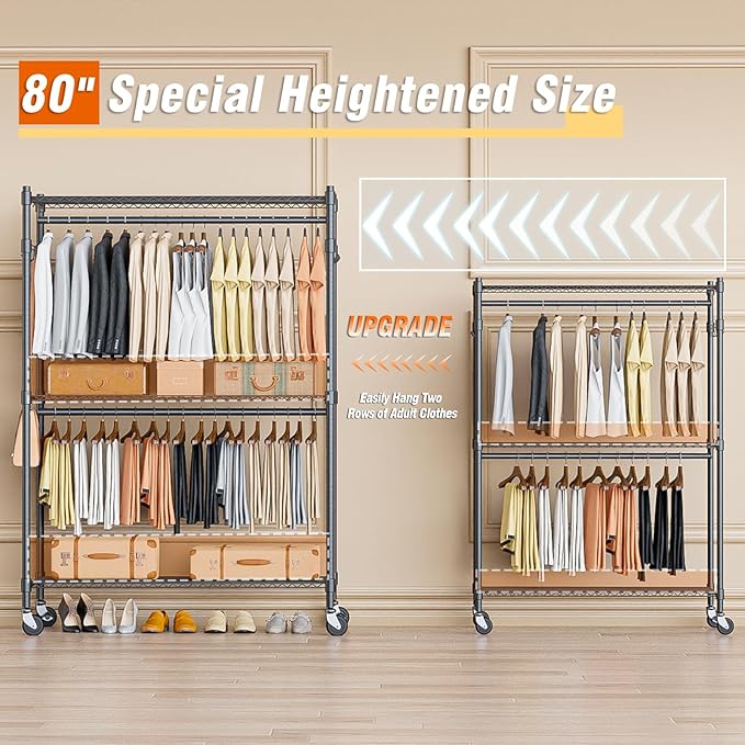 Homdox Heavy Duty Rolling Clothing Rack, Adjustable Garment Rack