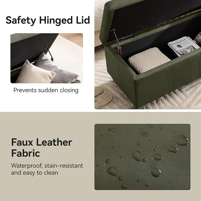 41" Faux Leather Storage Ottoman, Stitch Tufted Rectangle Upholstered En...