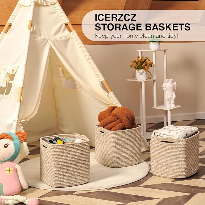 11 Inch Cube Storage Bins, Storage Cube Organizer Bins, Woven Cotton Rope (Pa...