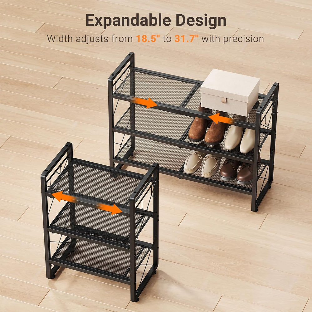 ELYKEN Expandable Shoe Rack for Closet, 3-Tier Metal Black Shoe Organizer