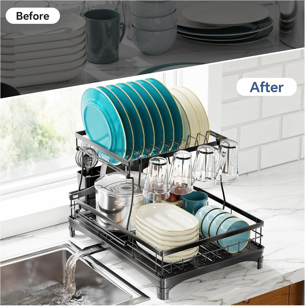 Simple Trending Dish Drying Rack, 2-Tier with Utensil Holder, Black