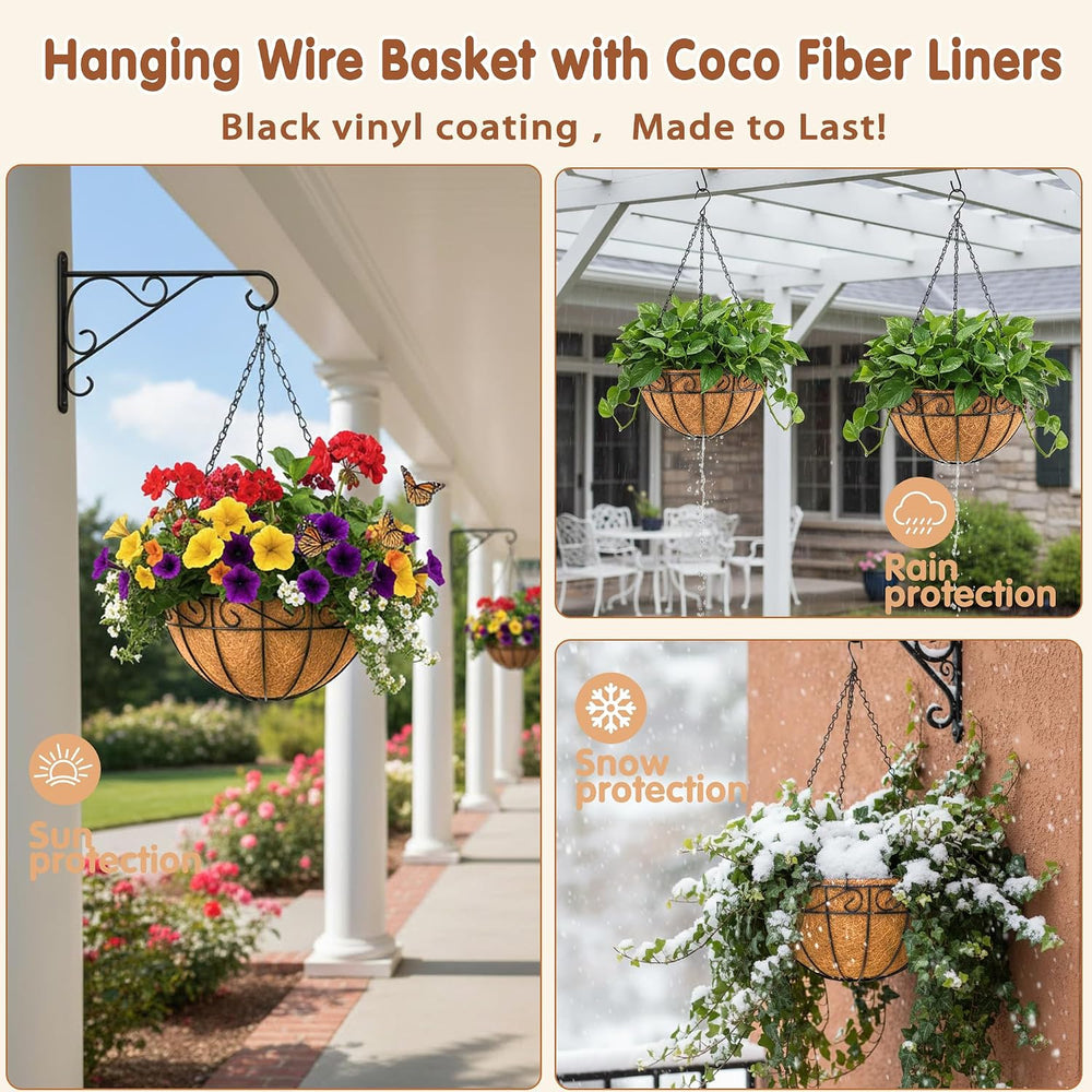 14 inch Metal Hanging Baskets For Plants Outdoor 4 Pack Round Metal Wire Hang...