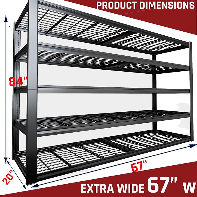 68" W Garage Shelving Heavy Duty, 5 Tier Garage Shelves, Adjustable Storage