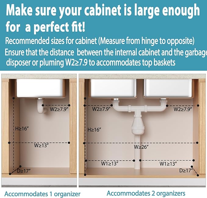 Under Sink Organizer Storage 2 Pack, 2 Tier Slide Out Height Adjustable Pull