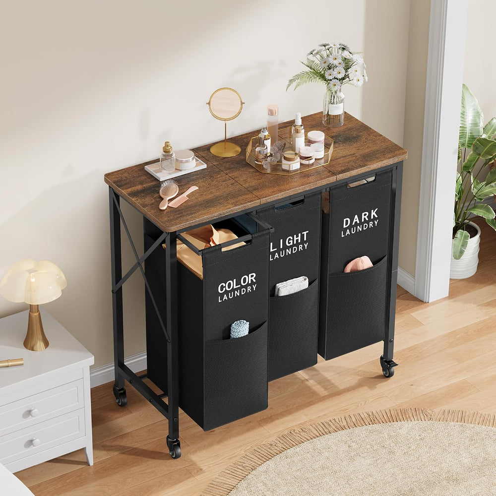 3 Section Laundry Sorter with Ironing Board, Black