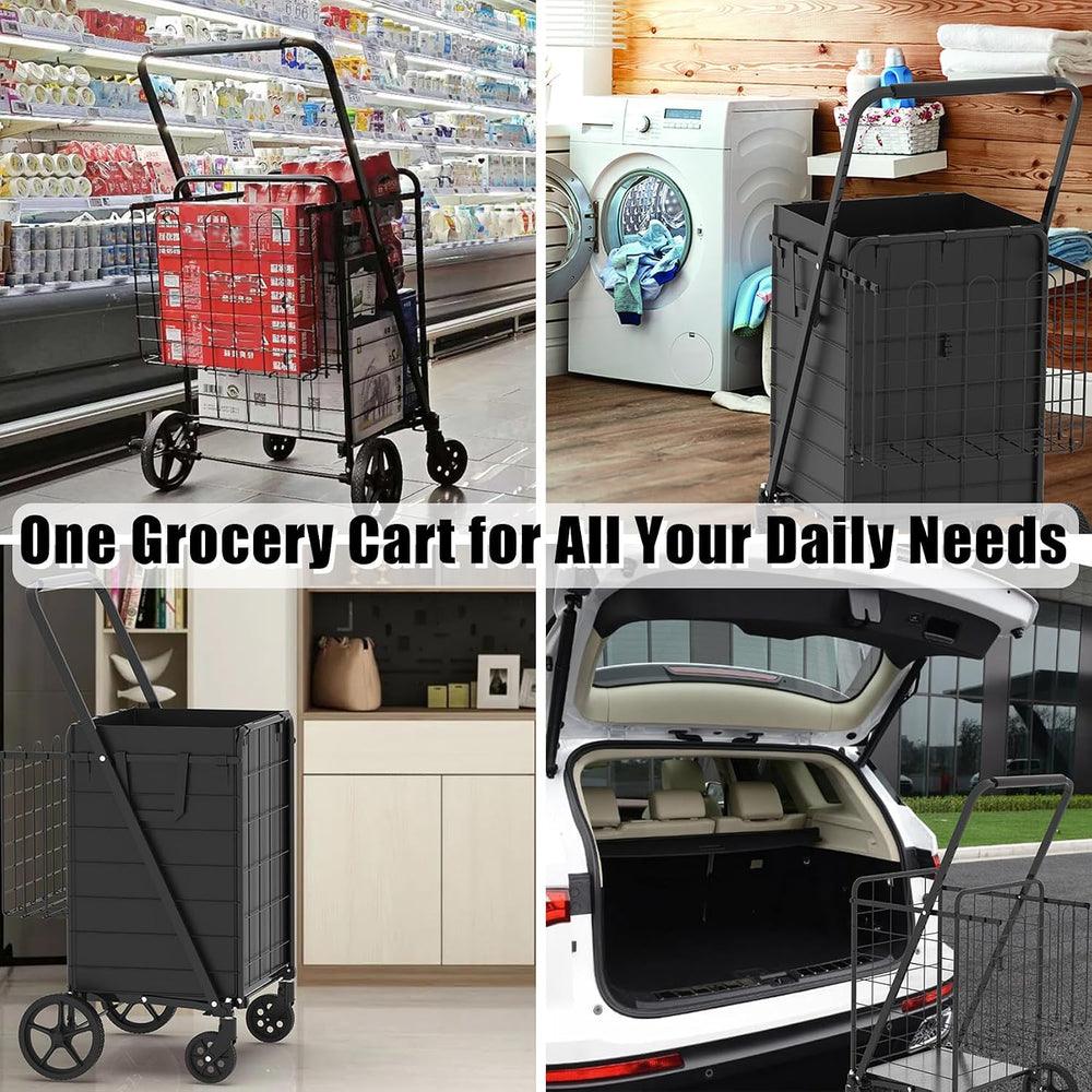 Heavy Duty Folding Shopping Cart for Groceries, Jumbo Grocery Carts with 360°...