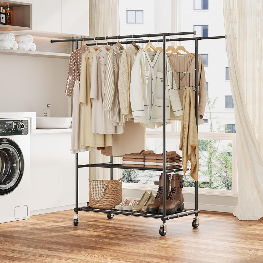 Double Rods Clothes Rack with Wheels, Heavy Duty Rolling Clothing Rack with S...