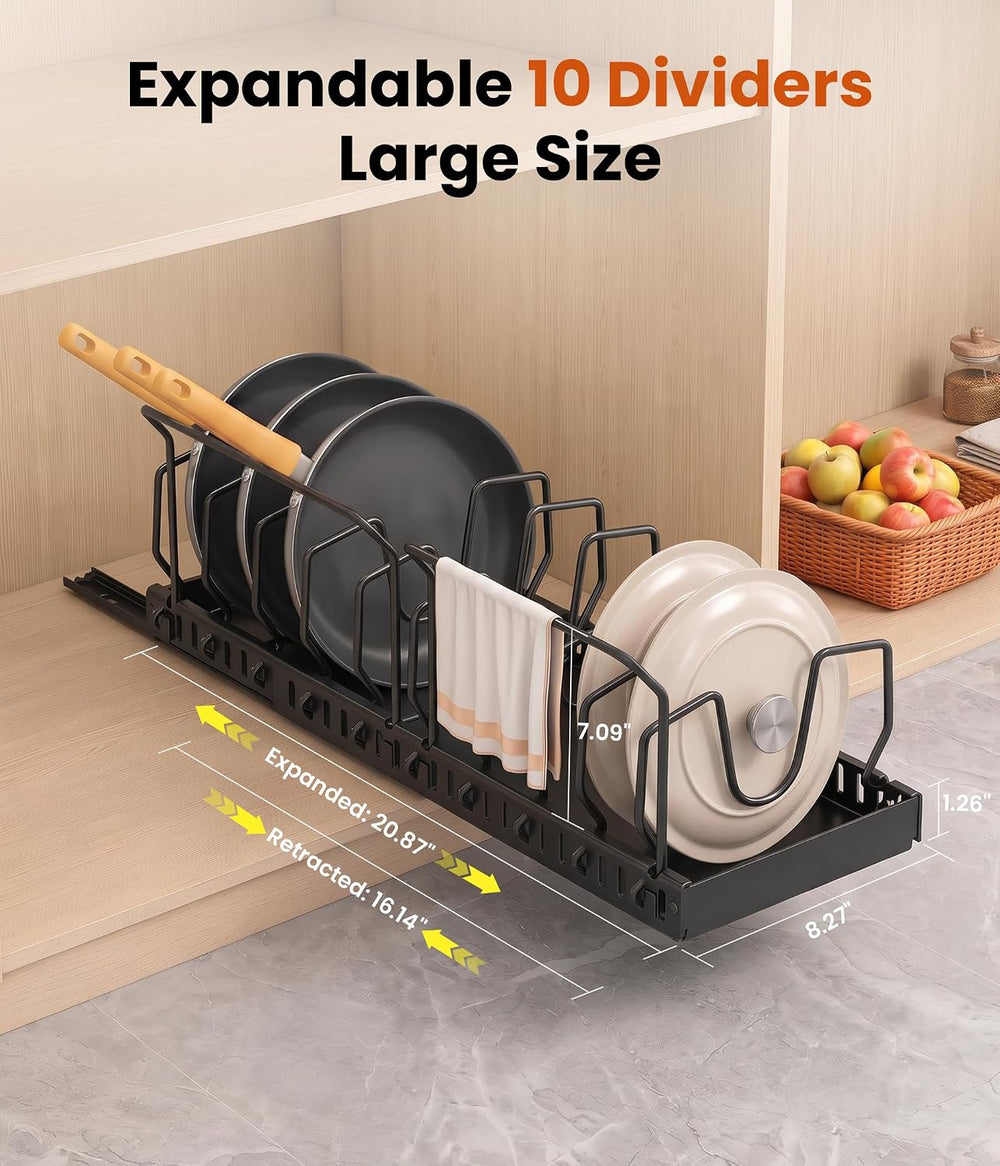 Pots and Pans Organizer Under Cabinet, 10 Dividers Pull Out Lid Organizer