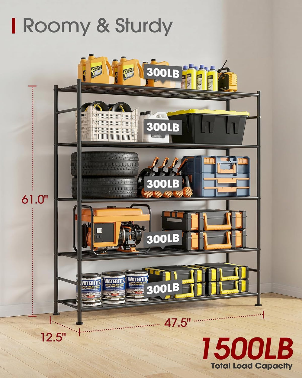 Sakugi Garage Shelving, 5-Tier Storage Shelves, 47.5"x12.5"x61&quot...