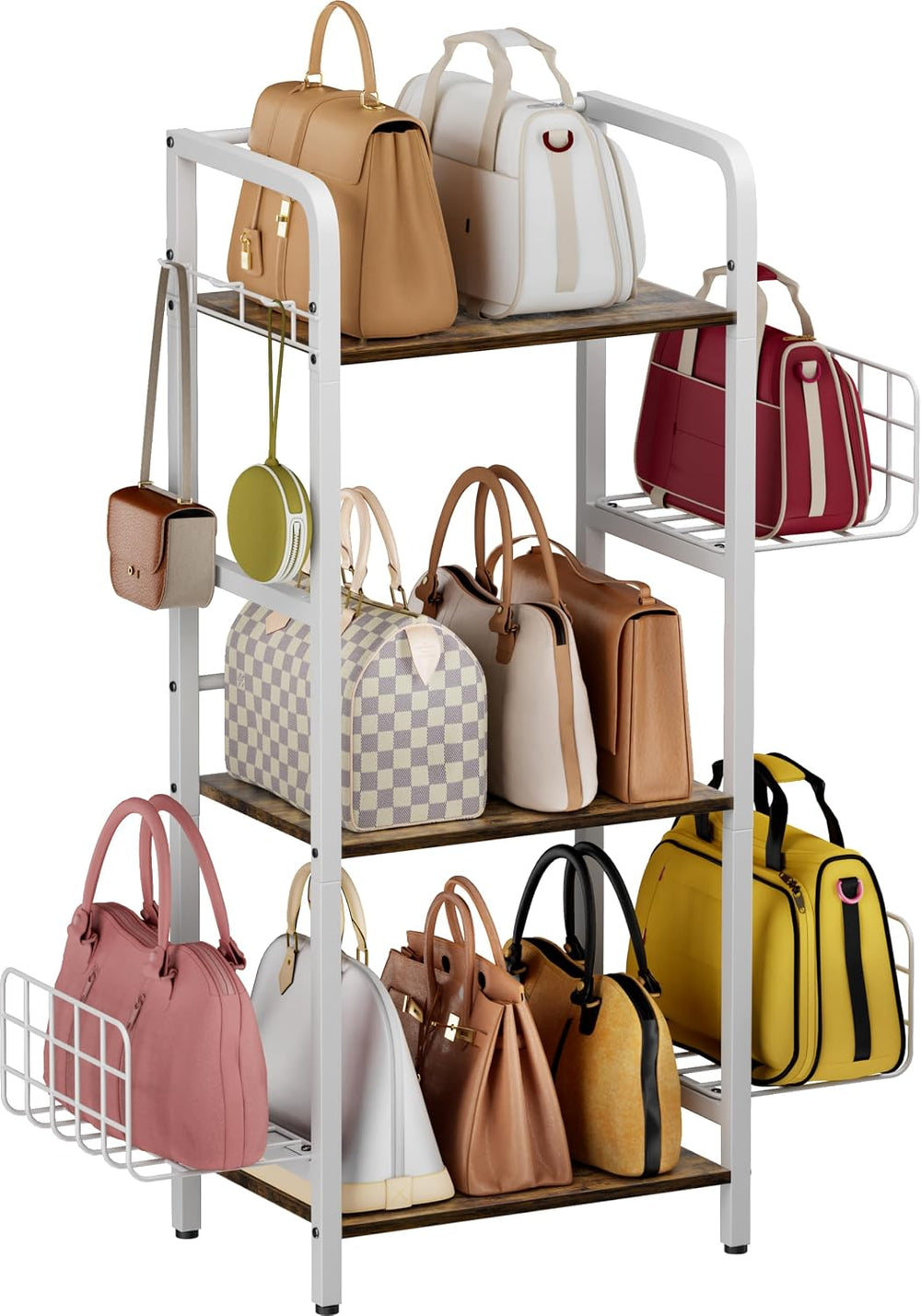 3-Tier Purse Organizer Rack, Iron & Wood Floor-Standing Bag Storage Holde...