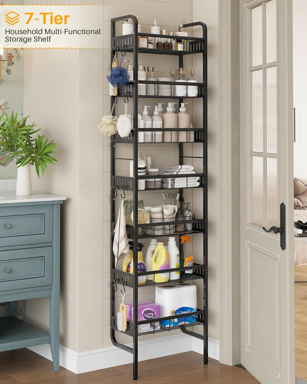 7 Tier Metal Tall Narrow Storage Shelf with Hooks
