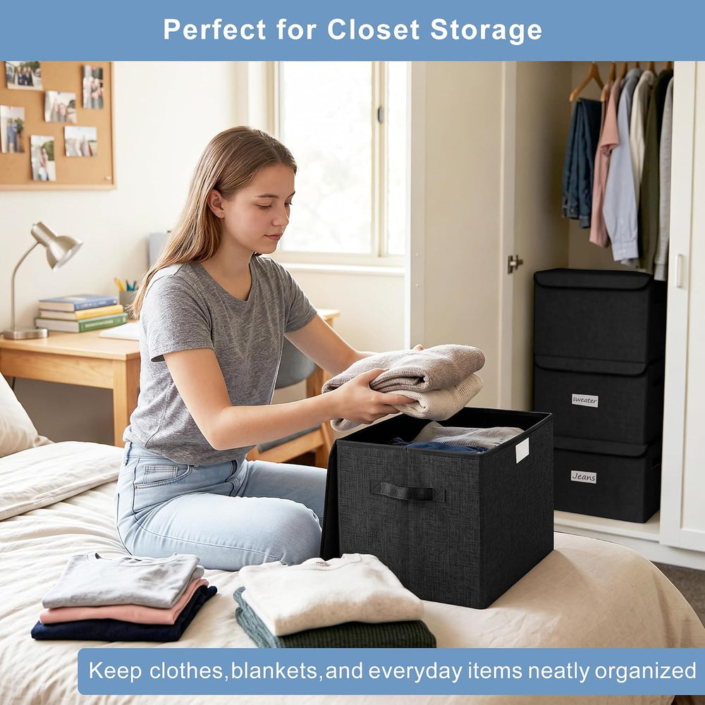 Large 22 Quart Linen Fabric Foldable Storage Bin Cube Organizer Basket with F...