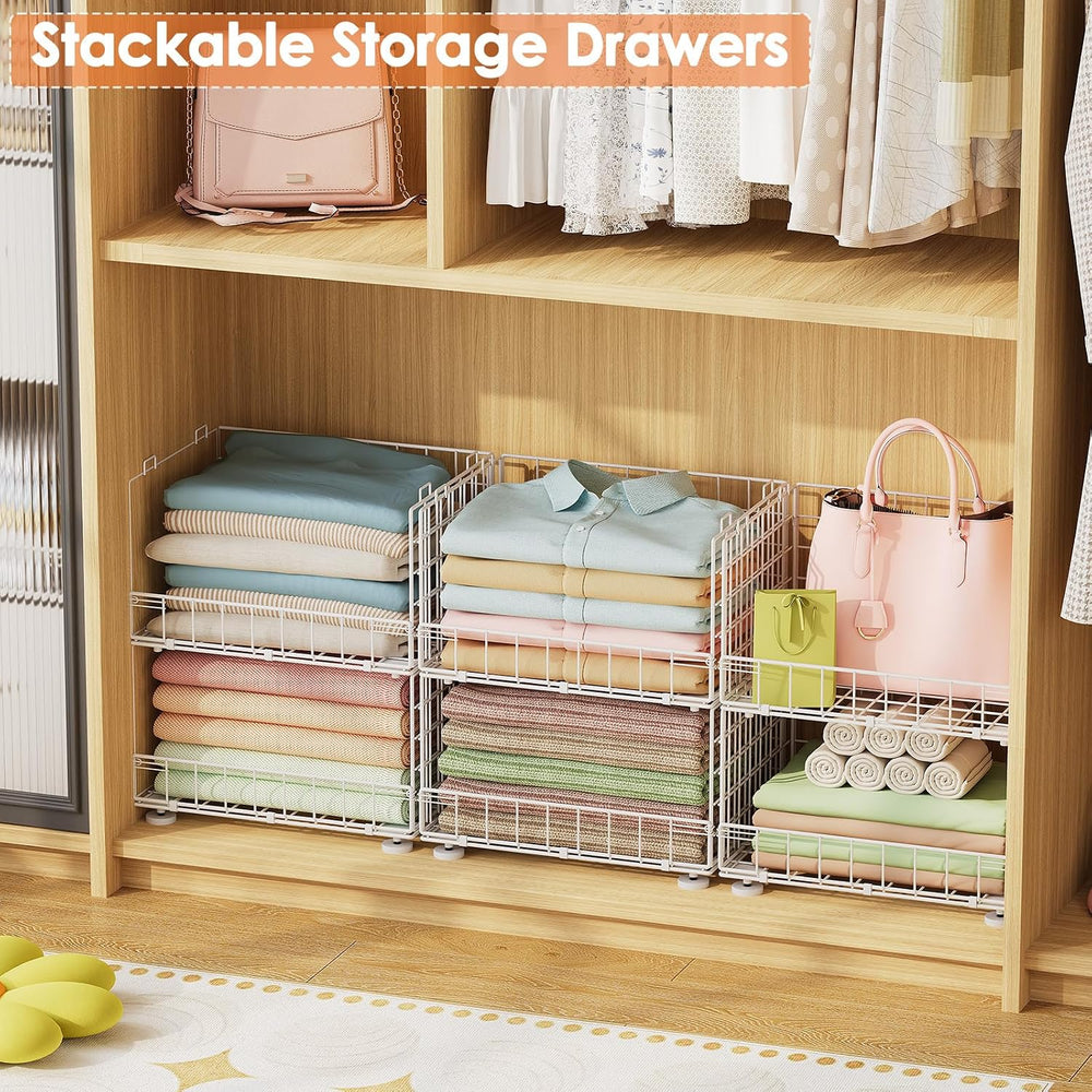 4-Tier Stackable Closet Organizers with Adjustable Feet, Foldable Closet Shel...