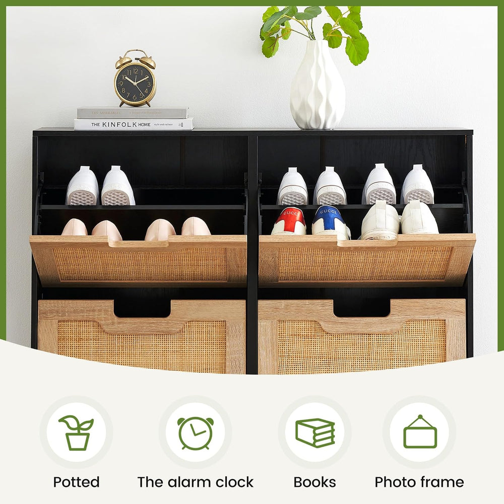 GAOMON Natural Rattan 4 Flip Door Shoe Rack Storage Cabinet, Shoe Cabinet Org...