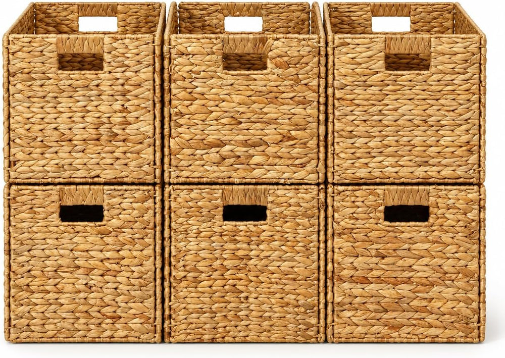 6 Hand-Woven Wicker Storage Baskets 13x11x11in, Water Hyacinth Shelf Bins