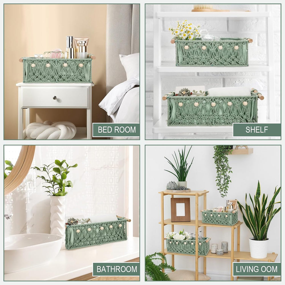 Vesici 4 Pcs Sage Green Macrame Storage Baskets Shelves 13" 11" Woo...