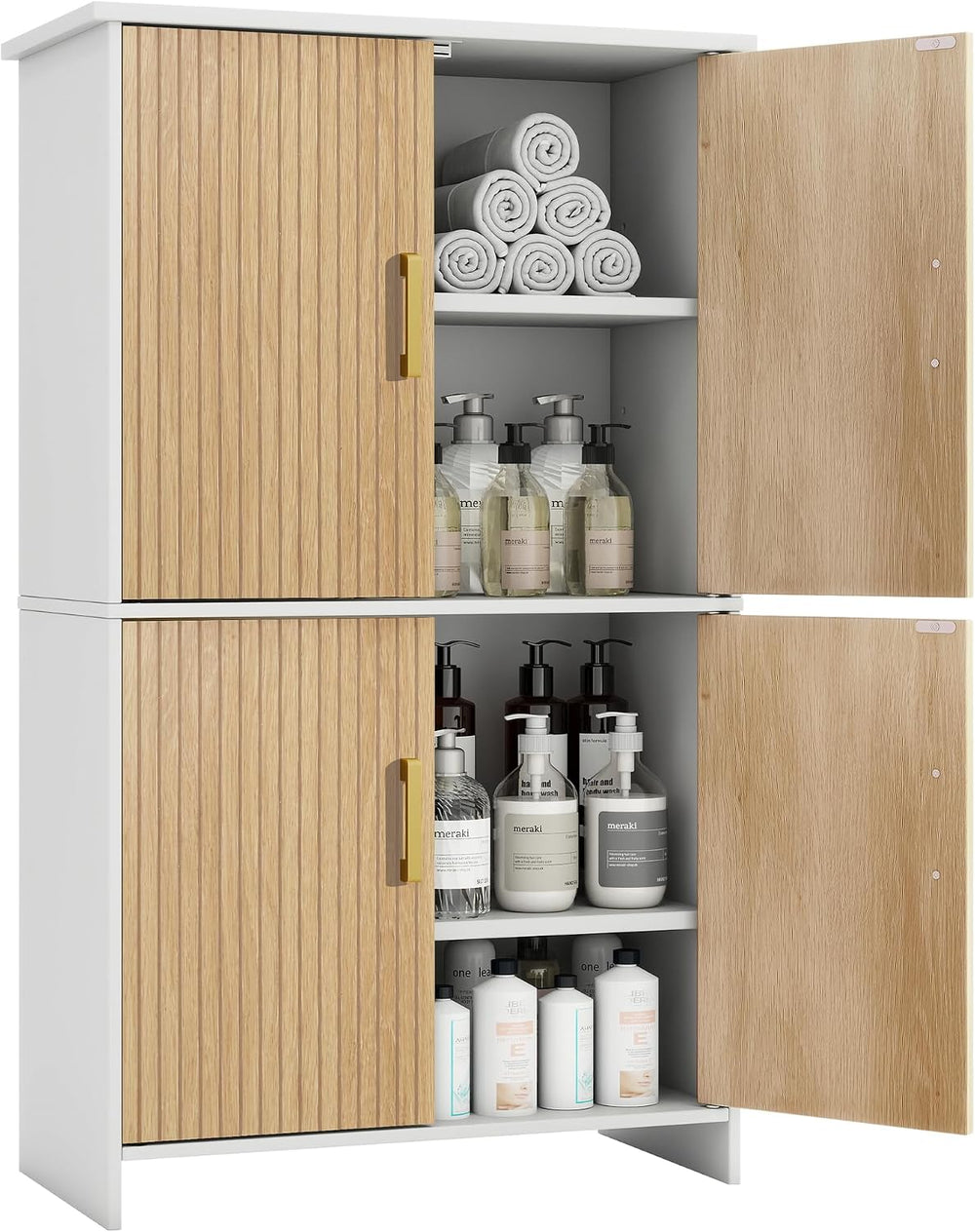 Bathroom Storage Cabinet, Floor Cabinet with 4 Fluted Doors and 2 Adjustable ...